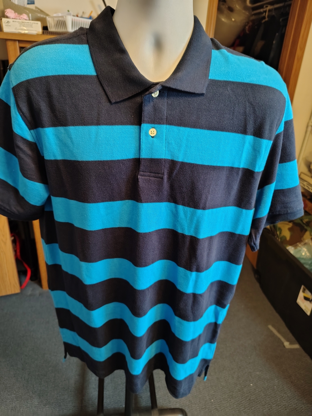 Faded Glory Navy and Bright Blue Striped Polo